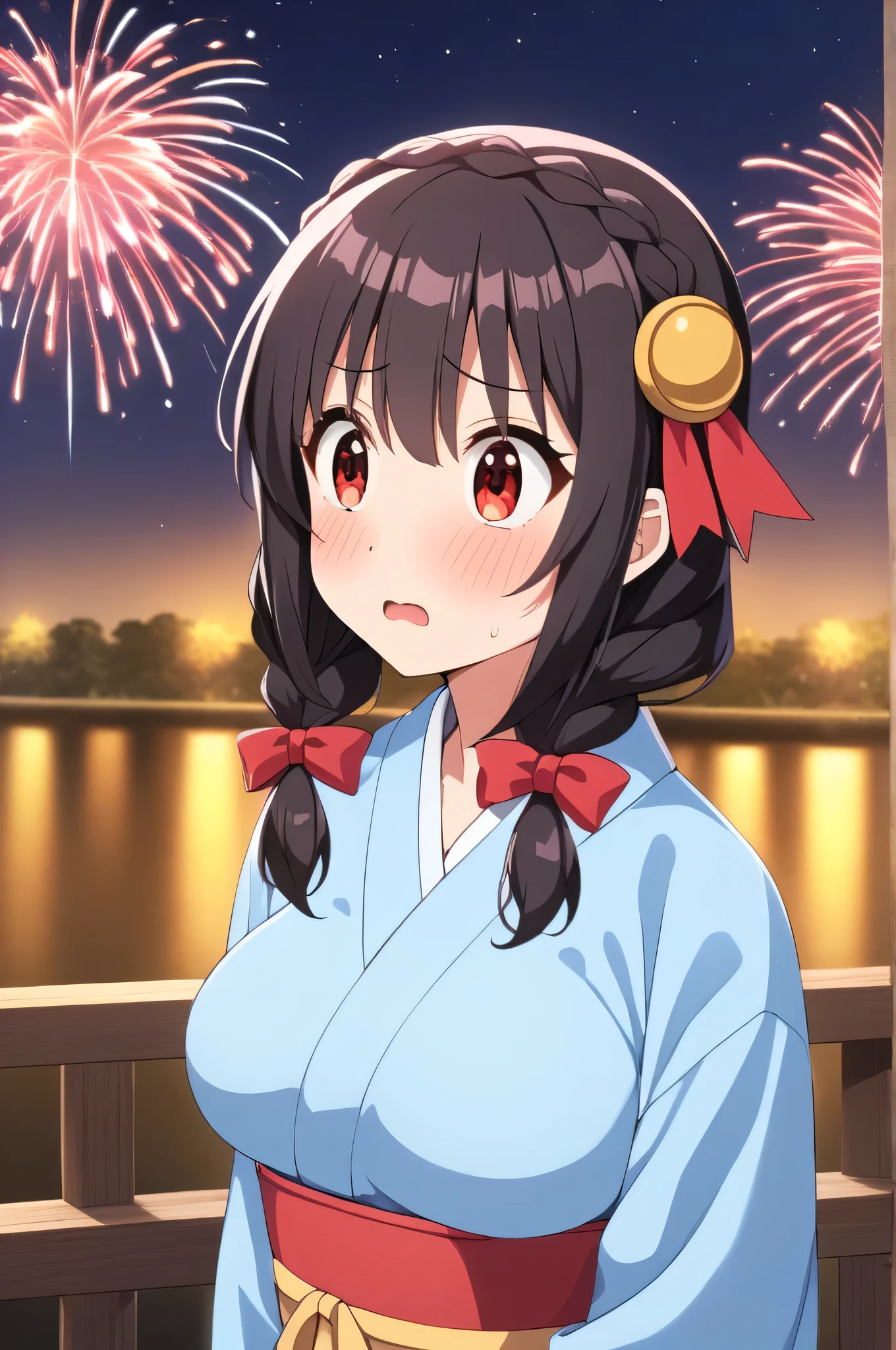 alone, One girl、Crown braids in the same color as your hair, hair ornaments, Hair Ribbon,(A light blue kimono with a red floral pattern and a red obi.)、Red Eyes、Black Hair、(Troubled and surprised expression:1.3)、(blush:1.3)、Larger breasts、The background is a night river and fireworks