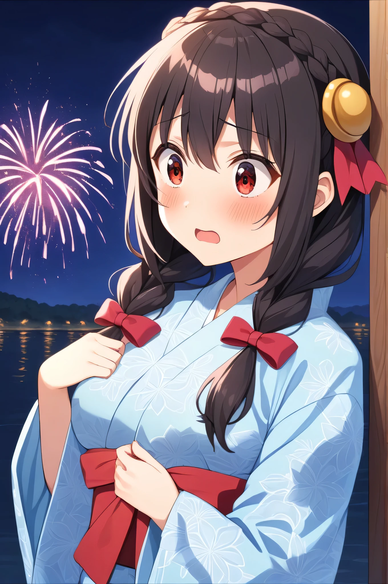 alone, One girl、Crown braids in the same color as your hair, hair ornaments, Hair Ribbon,(A light blue kimono with a red floral pattern and a red obi.)、Red Eyes、Black Hair、(Troubled and surprised expression:1.3)、(blush:1.3)、Larger breasts、The background is a night river and fireworks