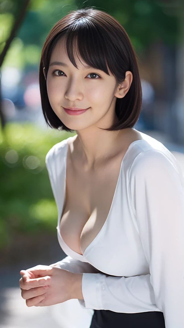 masutepiece, Best Quality, Photorealsitic, finely detail, hight resolution,beautiful japanese woman,beautiful detailed eyes, beautiful detailed lips, extremely detailed face, small head, small areola, cinematic lighting, photorealistic, 8k, high quality, hyper detailed, look at me,smile,(dress shirt),( pencil skirt:1.2),(short hair:1.2),(random outside location),(medium breasts:1.2),(portrait:1.3),slender,beautifull legs,(cleavage:1.3),(sexy posing),mini skirt, (bokeh:1.3) (black pantyhose:1.2),rihoyoshioka