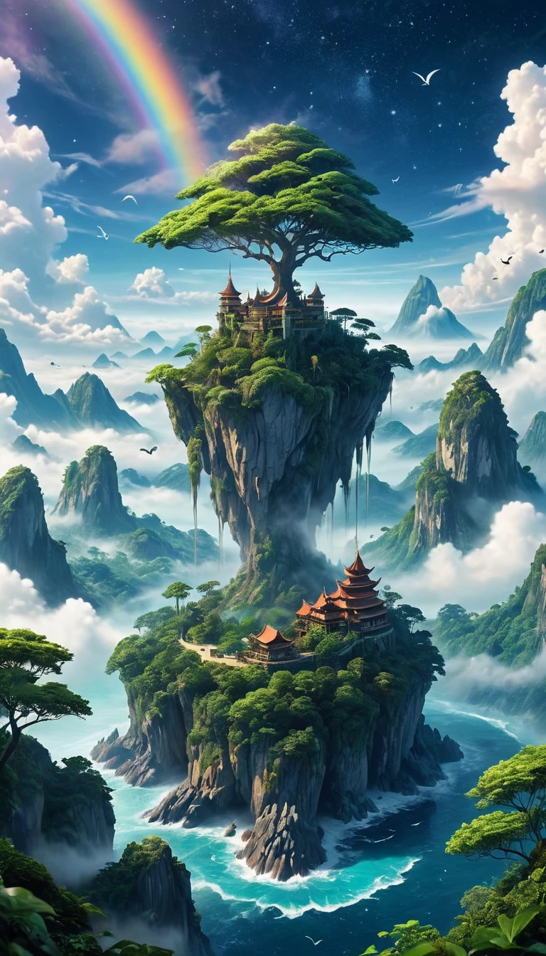middle of an ocean,There is a mysterious island surrounded by clouds and mist,It exists only in legends and is full of mystery。Only those who are pure and sincere in heart can find this island。It has a dense primeval forest,trees towering into the sky,The tree crown seems to touch the starry sky。Scene concept anti-glare effect, All captured in sharp focus.((Masterpieces in up to 16K resolution):1.6),((soft_color_photography:)1.5), ((Super detailed):1.4),((Typical static images and dynamic angles):1.3),In the center of the island,There is a towering mountain range,The mountain tops are always shrouded in clouds and mist。Birds with wings like rainbows,There is something called「fantasy flower」plant,It is said that its petals can bring people into beautiful dreams.。is full of mystery、A place with romantic and fantasy elements。