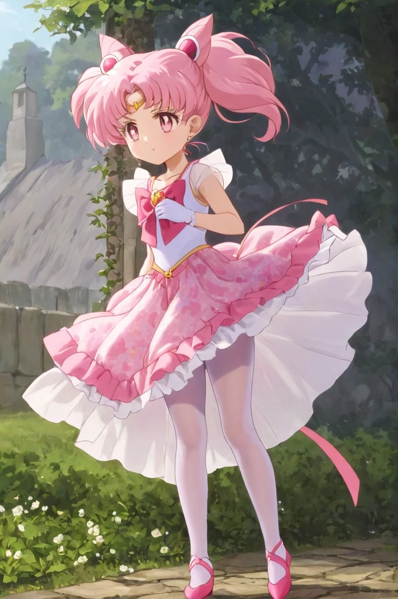 10 year old girl underwear,Chibiusa、Realistic bloomers made from patterned cotton fabric, Medieval one-piece dress with panniers, Fabric Realism, Low - Angle, I see bloomers, Pull up the dress by hand, Strong winds, Translucent slip, Translucent slip, tights, Highest quality, whole body