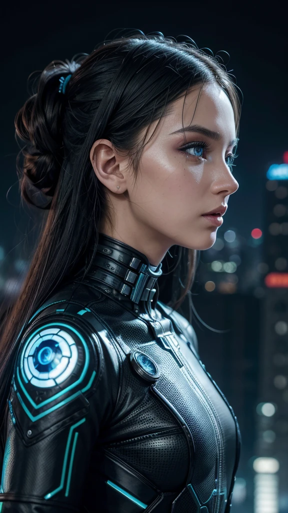 A captivating, futuristic portrait of a humanoid face, skillfully blending organic and synthetic elements. The side profile showcases a mesmerizing array of electronic components, wires, and vibrant colorful plastic pieces, creating an intricate mosaic effect. The eyes, with a striking blue hue and detailed makeup, draw the viewer in. The background, a blurred urban landscape with towering buildings, adds depth to the composition, highlighting the subject's unique and otherworldly presence. The overall atmosphere of the image is cinematic, with a blend of sci-fi and cyberpunk elements., photo, cinematic