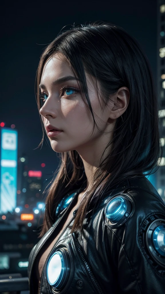 A captivating, futuristic portrait of a humanoid face, skillfully blending organic and synthetic elements. The side profile showcases a mesmerizing array of electronic components, wires, and vibrant colorful plastic pieces, creating an intricate mosaic effect. The eyes, with a striking blue hue and detailed makeup, draw the viewer in. The background, a blurred urban landscape with towering buildings, adds depth to the composition, highlighting the subject's unique and otherworldly presence. The overall atmosphere of the image is cinematic, with a blend of sci-fi and cyberpunk elements., photo, cinematic
