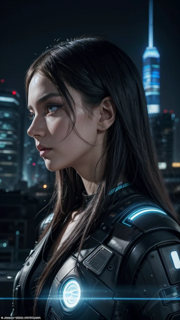 A captivating, futuristic portrait of a humanoid face, skillfully blending organic and synthetic elements. The side profile showcases a mesmerizing array of electronic components, wires, and vibrant colorful plastic pieces, creating an intricate mosaic effect. The eyes, with a striking blue hue and detailed makeup, draw the viewer in. The background, a blurred urban landscape with towering buildings, adds depth to the composition, highlighting the subject's unique and otherworldly presence. The overall atmosphere of the image is cinematic, with a blend of sci-fi and cyberpunk elements., photo, cinematic