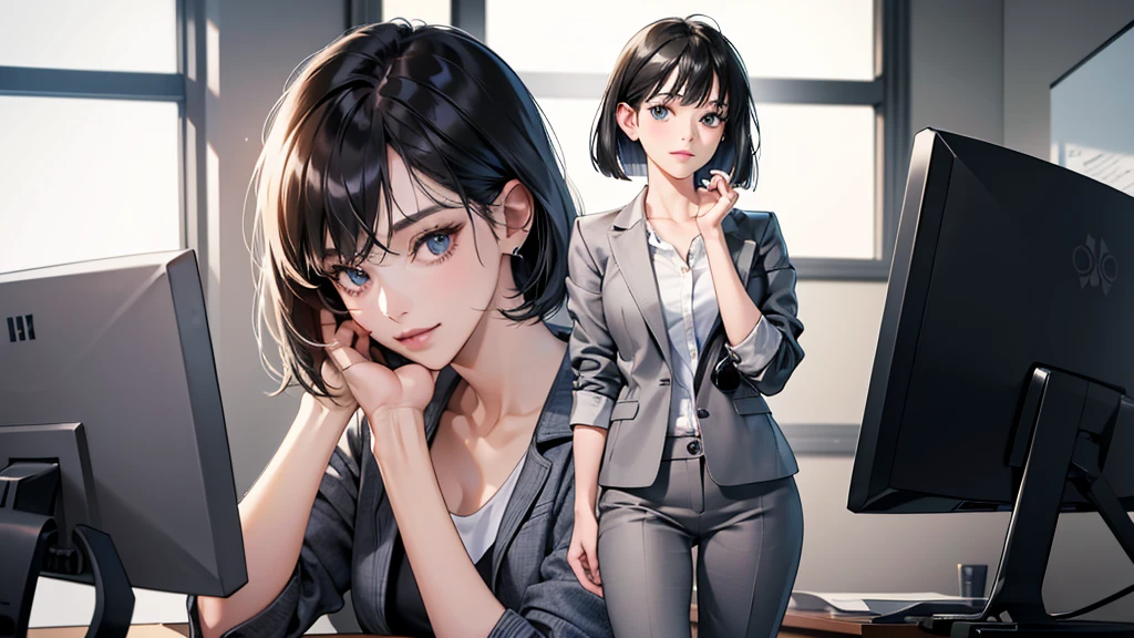 (perfect anatomy:1.2)(absurdres, highres, ultra detailed),masterpiece,best quality,high resolution,8k,Realistic face,Realistic skin texture,magnified textures, stunning clarity,detailed anime girl,(ultra detailed eyes and face),(1 girl:1.2)21years old,she is office worker,,smile:1.2,black hair, bob cut,natural make,grey jacket and pants,black brouse,,sparkling eyes.small nose,roundface,office,sitting at her desk,Looking at the VIEWER,she loves viewer