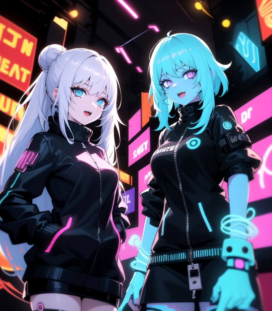 (1girl),
(female focus),

(masterpiece, best quality, highres:1.2),(illustration:1.1),(cyberpunk:1.2),

(hair bun:1.2), light blue hair,blue eyes,(black cyberpunk jacket:1.5),(puffy sleeves:1.2), (black turtleneck:1.2), (black skirt), (white skin),beautiful eyes,
light smile,open mouth,(walking),looking at viewer, hand on hip,

(angle various),(cowboy shot),
(neon light:1.5),(lightline:1.5),(red background:1.0),(high contrast:1.1),8k wallpaper,(blurry background),
