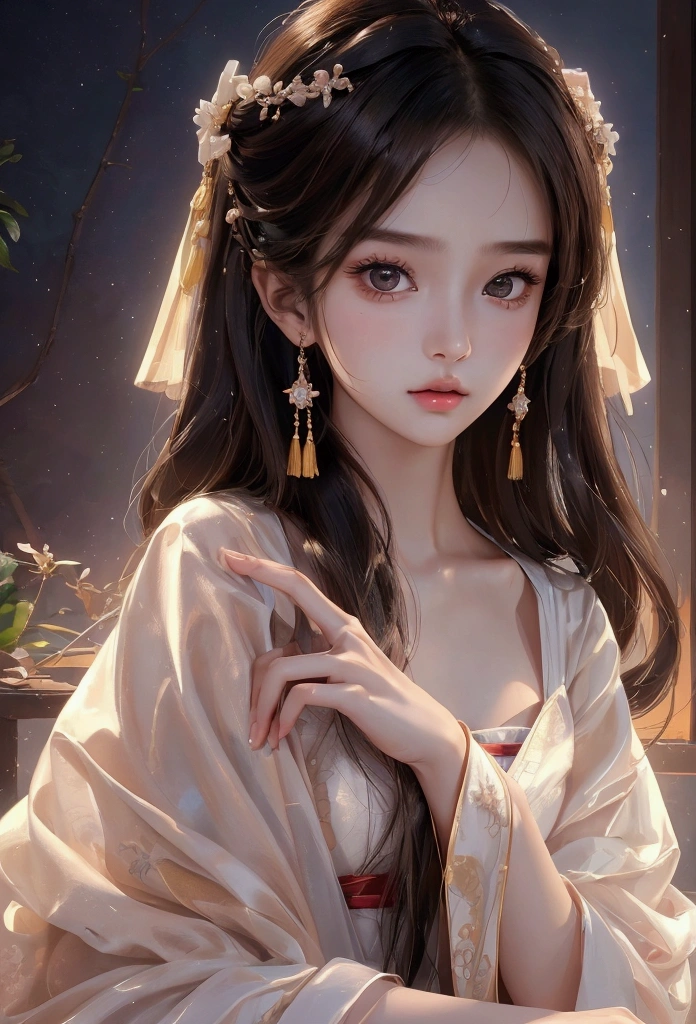 Best image quality、8k、masterpiece:1.3))、Realistic high-quality photos、Highest quality、 Beautiful face、Photos of slim models、Beautiful girl model、Young and pretty face、Beautiful model girl、A lovely and delicate face、Black Hair、Beautiful brown eyes、Young Body、Hanfu, (emphasize)、from the front、Camera gaze,、Anatomically correct、胸の谷間をemphasize、whole body、13-year-old female model