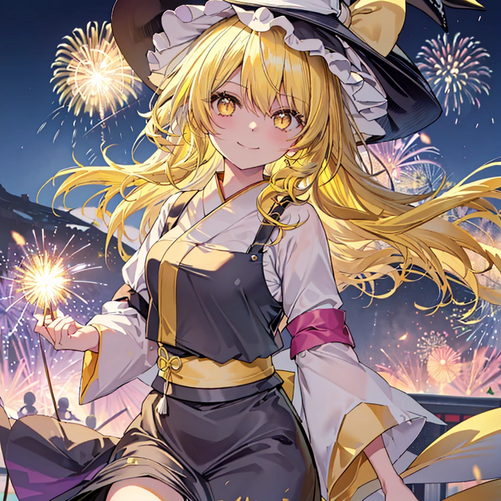 ((((Marisa Kirisame、Yellow Hair、Yellow Eyes))))　(((Witch Hat　Summer festival　kimono)))　((Fireworks　smile))　Shining Edge　Shining Background