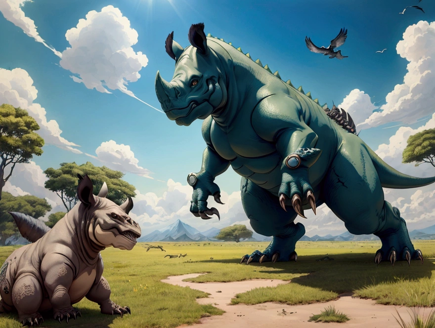 anime style, a creature with combination of rhino and t-rex, the legs are look like t-rex, grass floor, birds in sky, blue sky, landscape