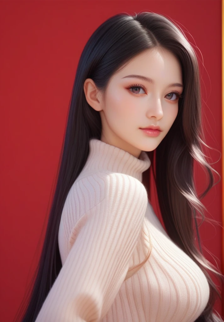 ,score_9,score_8_up,score_7_up, 20 years old, 8k, hd, beautiful girl, black hair, very long hair, straight hair, closed mouth,
1girl, detailed face, beautiful woman's face, sweater, red background, looking at viewer,