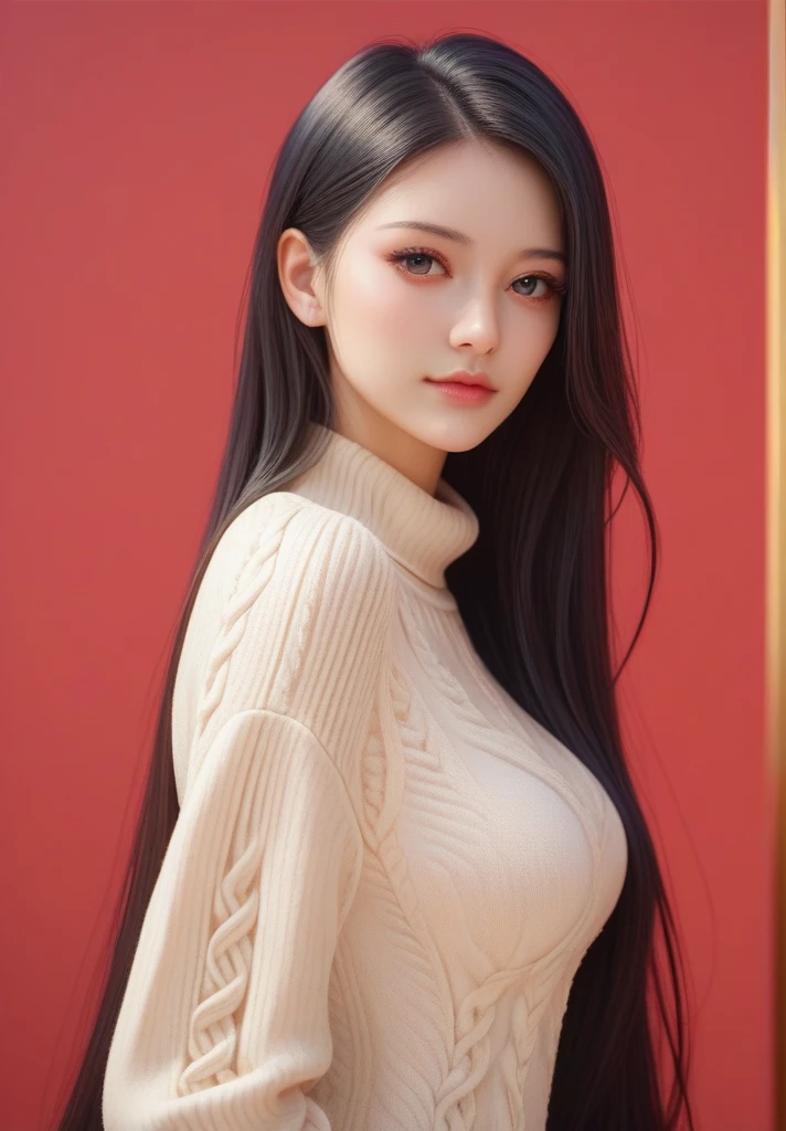 ,score_9,score_8_up,score_7_up, 20 years old, 8k, hd, beautiful girl, black hair, very long hair, straight hair, closed mouth,
1girl, detailed face, beautiful woman's face, sweater, red background, looking at viewer,