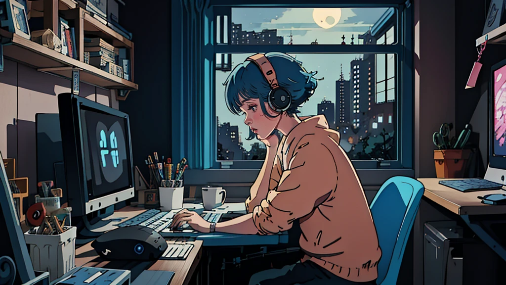 2D illustration, anime, Manga style ,lofistudy,lofi , One girl, From the side, typing, blue head, blue eyes, Chair, computer, Headphones, indoor, keyboard, Laptop, monitor, computer, curtain, night, window, Spanish Background