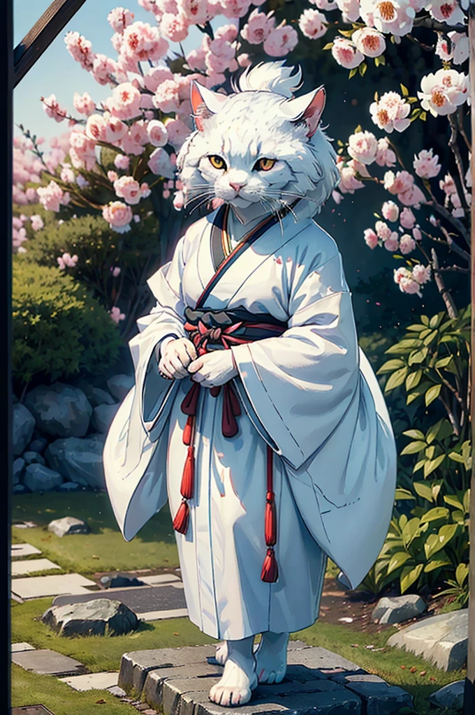 (((8k))), (((High resolution))),((Highest quality)),A white cat wearing a kimono,Bipedal,upright,Short,3 heads,Serious face,samurai,knife,Shrine garden,SakuraFubuki,Ultra-realistic,8k,Ultra-fine,Super detailed