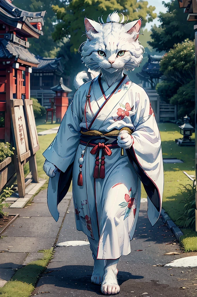 (((8k))), (((High resolution))),((Highest quality)),A white cat wearing a kimono,Bipedal,upright,Short,3 heads,Serious face,samurai,knife,Shrine garden,SakuraFubuki,Ultra-realistic,8k,Ultra-fine,Super detailed