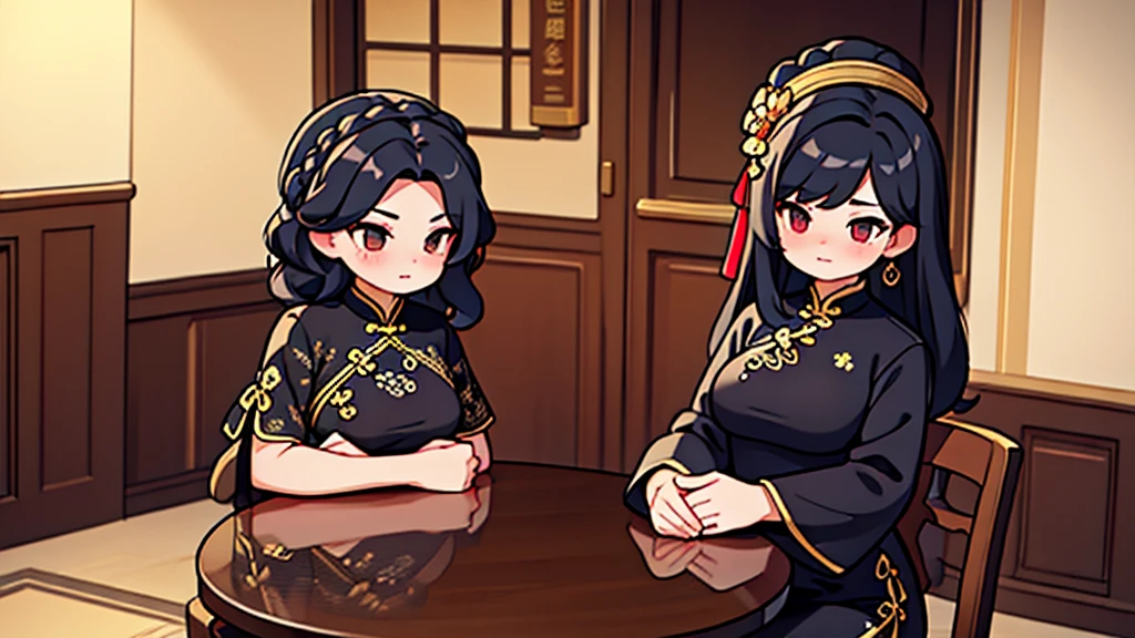(Masterpiece,Highest quality),(Maximum details),2 girls ,black hair, black cheongsam,Mother's Day,อาหารบนโต๊ะ Mother day