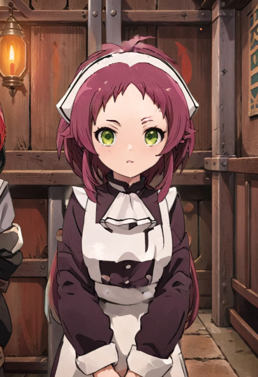 NSFW，1 8-year-old girl, (Aisha Greyrat), Standing in a medieval tavern and looking at the viewer,  Her face is fine and smooth, Her eyes are super small, masterpiece,
Long sleeve, dress, Green Eyes, Redhead, hair band, apron, Maid, white hair band, skirt lift，cute panties，show off your panties，
Soft lighting and detailed environments、Create immersive environments that inspire your imagination。,
Draw in the style of Mushoku Tensei,
Ultra-detailed, High-quality visuals, Dim lighting, Sharply focused, Octane Rendering, 8K Ultra HD