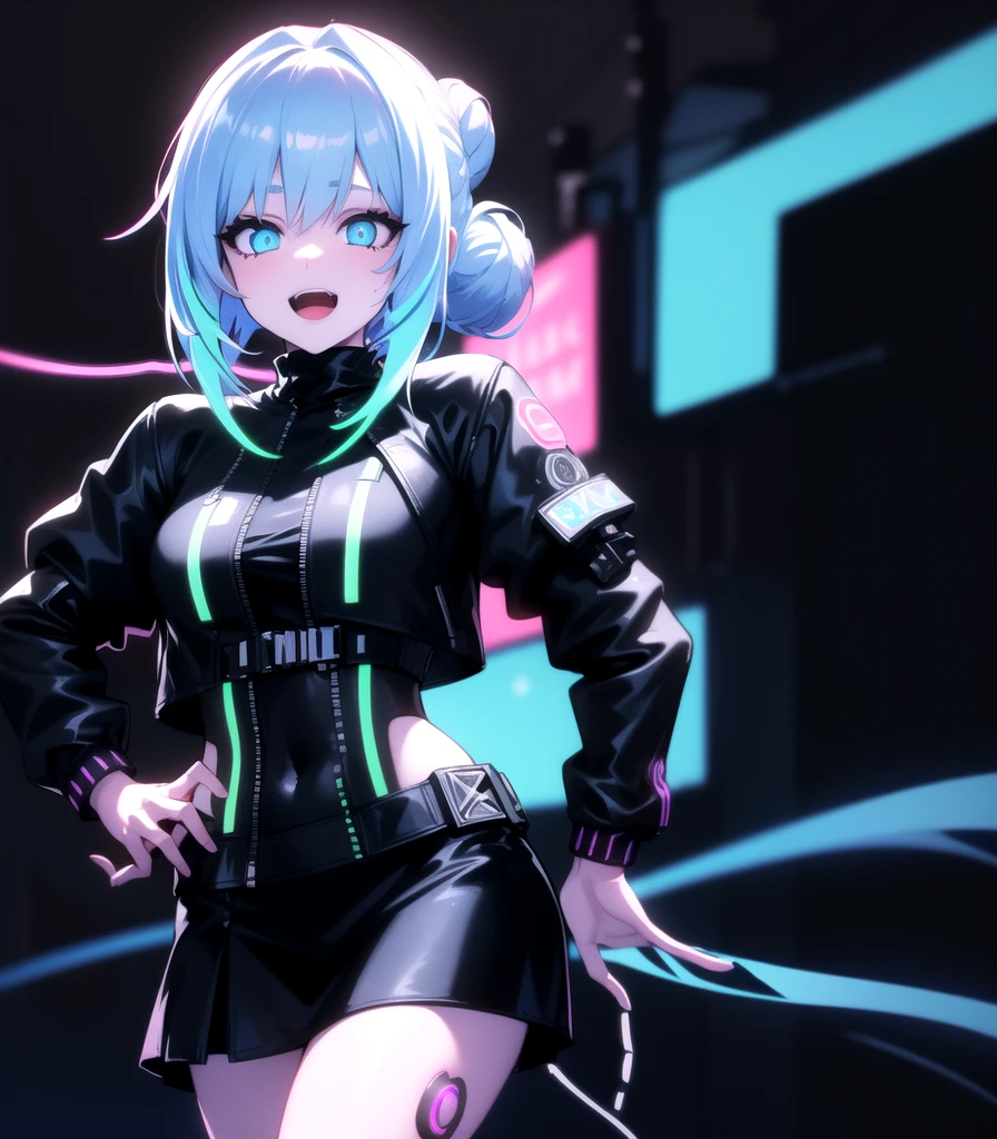 (1girl),
(female focus),
(masterpiece, best quality, highres:1.2),(illustration:1.1),(cyberpunk:1.2),
(hair bun:1.2), light blue hair,blue eyes,(black cyberpunk jacket:1.5),(puffy sleeves:1.2), (black turtleneck:1.2), (black skirt), (white skin),beautiful eyes,
light smile,open mouth,(walking),looking at viewer, hand on hip,
(angle various),(cowboy shot),
(neon light:1.5),(lightline:1.5),(red background:1.0),(high contrast:1.1),8k wallpaper,(blurry background),