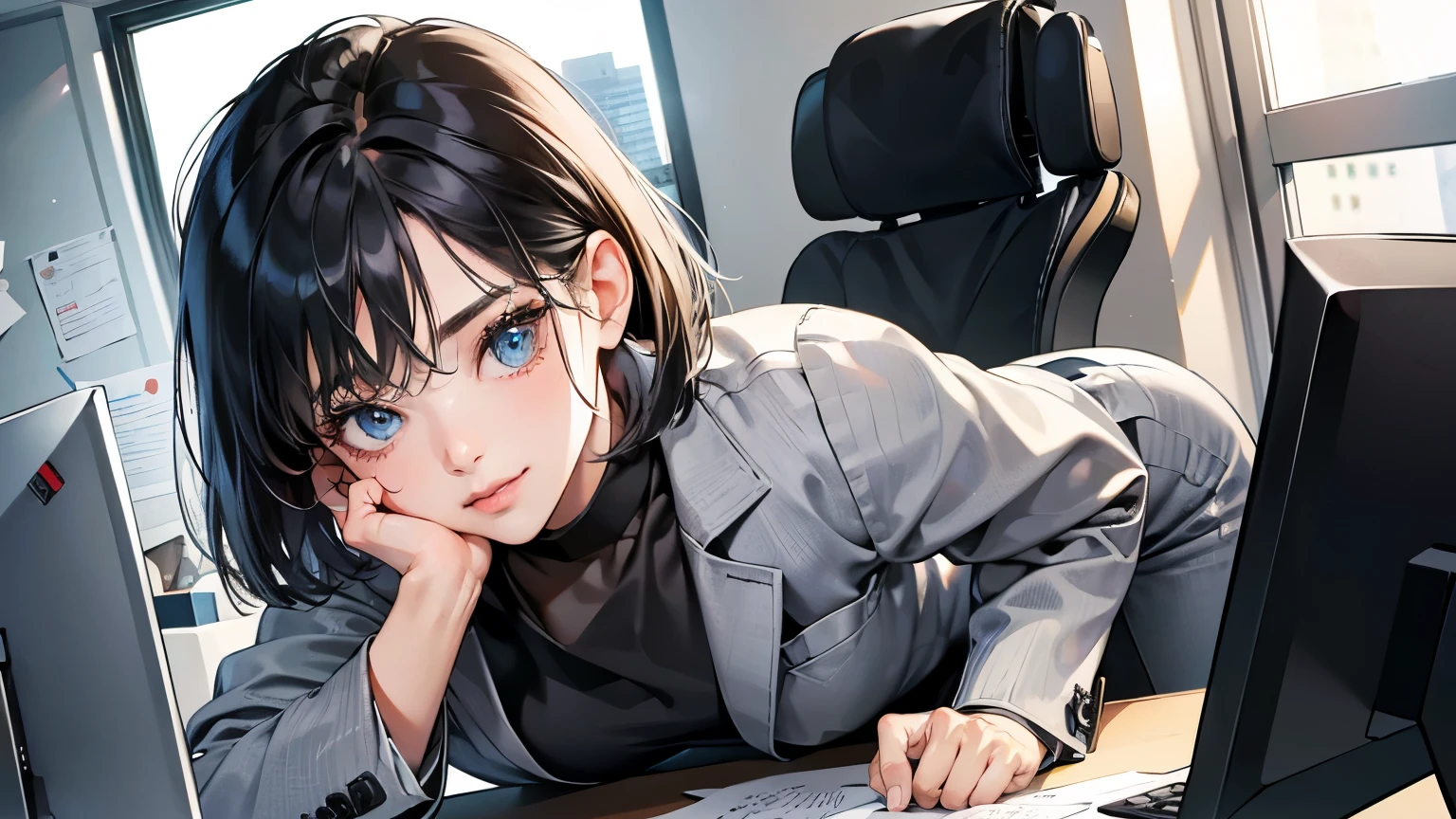 (perfect anatomy:1.2)(absurdres, highres, ultra detailed),masterpiece,best quality,high resolution,8k,Realistic face,Realistic skin texture,magnified textures, stunning clarity,detailed anime girl,(ultra detailed eyes and face),(1 girl:1.2)21years old,she is office worker,,smile:1.2,black hair, bob cut,natural make,grey jacket and pants,black brouse,,sparkling eyes.small nose,roundface,office,sitting at her desk,Looking at the VIEWER,she loves viewer