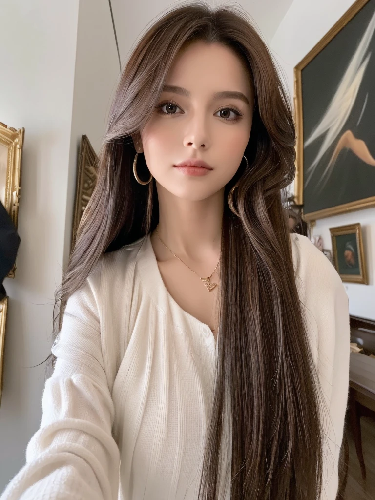 ((best qualityer, 8K, work of art: 1.3)), 1 girl, pretty, Longhaire, estilo selfie