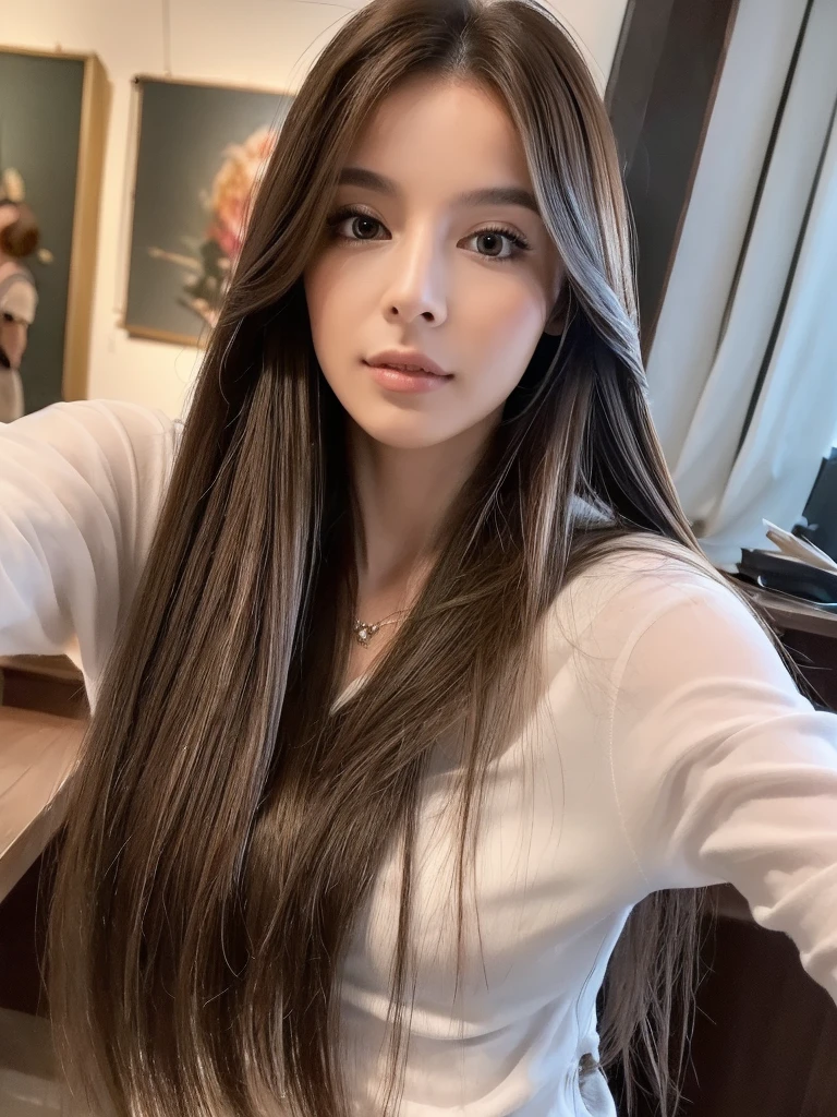 ((best qualityer, 8K, work of art: 1.3)), 1 girl, pretty, Longhaire, estilo selfie