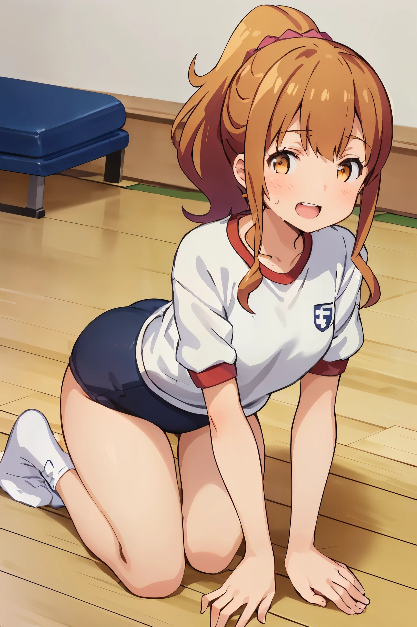 Highest quality, (masterpiece:1.2), Very detailed,

Megumi Kamino,
1 girl, Looking at the audience, Open your mouth, smile, teeth,
Brown Hair, ponytail, Brown eyes, Scrunchie, Heart Necklace,Long white socks,
,(((Black Bloomers, School, Gym Shirt, White T-shirt, Gym suit, Photo of girl in wooden floor School gym room))),Bloomers are bikini type ,Dynamic Angle ,Sweat,Lie in 