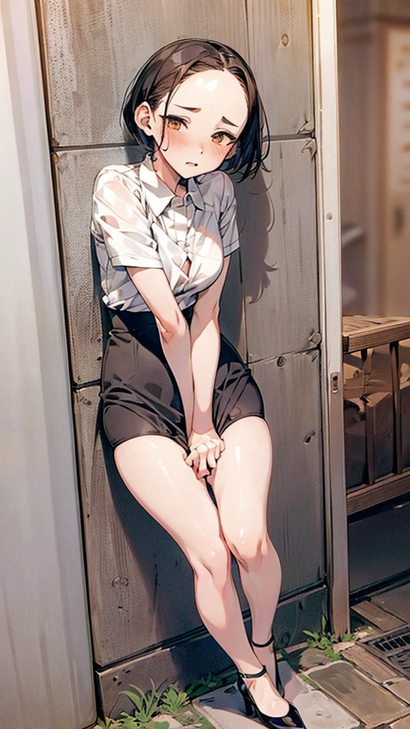 masterpiece,quality,High resolution,高quality,Realistic,short hair,Pencil Skirt,whole body,Forehead,Kissing Face Big Eyes,Embarrassed face,White collared shirt,Leaning against a wall,Fair skin,Thighs,High heels:1.3,pantydrop