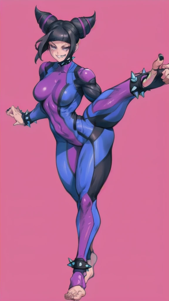 Full body image of Juri Han from Street Fighter 5, wearing her original outfit (black and purple bodysuit with spiked accents, barefoot with taped feet, and arm guards), short black hair styled in twin buns, female body, athletic and flexible body, dynamic pose, detailed pose, simple background, expressive face showing a mischievous grin, focus on face, line art, sketch