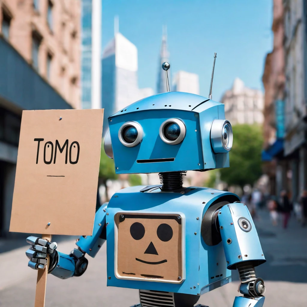 A charming hyperrealistic illustration of a robot with a friendly, human-like face. It's holding a cardboard sign that says 'Tommo' The robot has a sleek, metallic exterior with a hint of wear and tear, and its eyes are a warm, inviting shade of blue. The background showcases a city skyline, with a mix of futuristic and vintage architecture. A sense of whimsy and curiosity fills the scene.