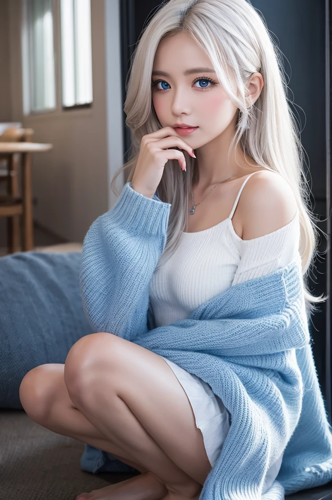 Long white hair、woman、blue eyes、An illustration