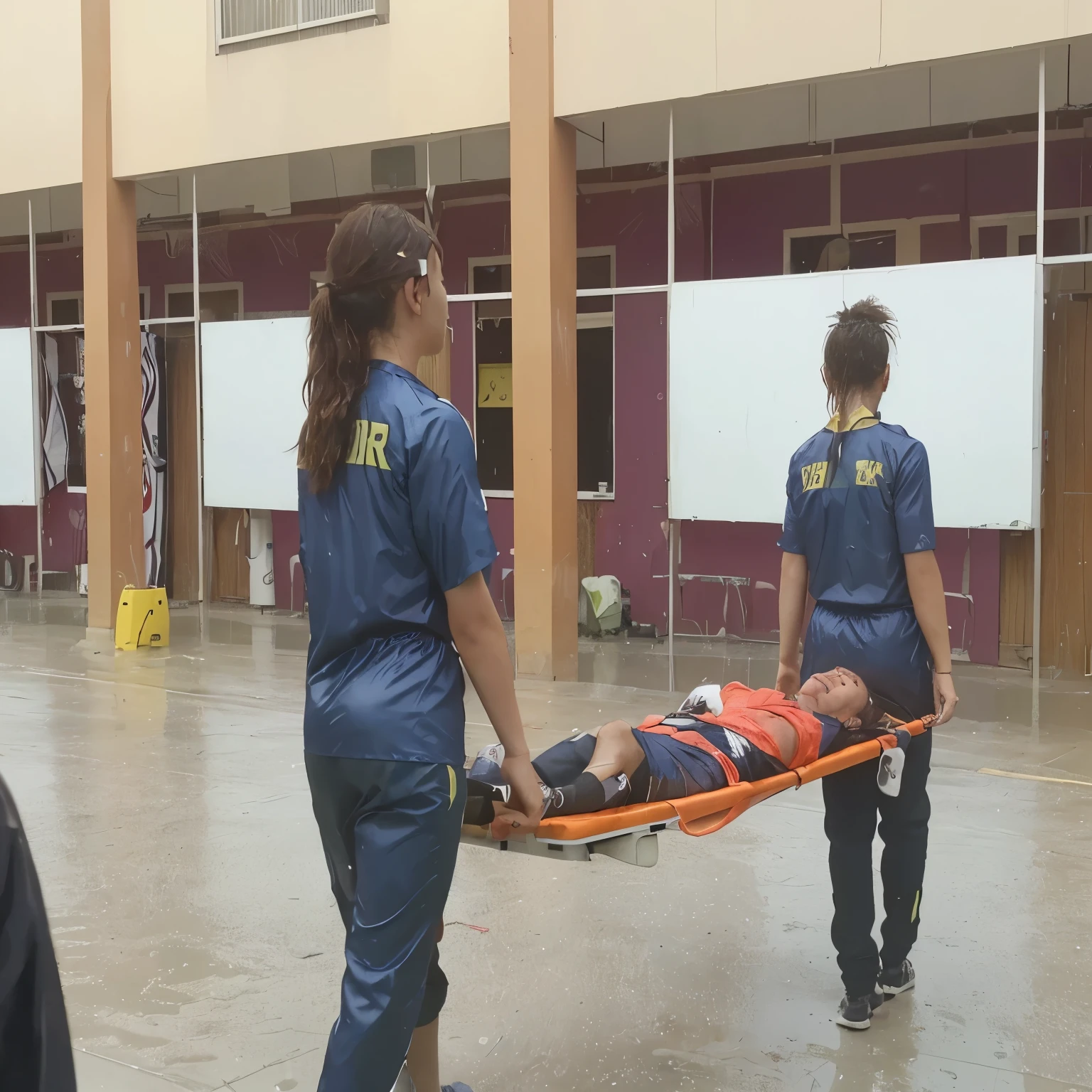they are carrying a man on a stretcher, a soccer scene in a chinese sports stadium, rainy weather, wet ground, rainfall, injury scene in a sports stadium, stretcher carry, there are four female medics in wet raincoats who carrying a stretcher, there are four female medics in wet raincoats who are carrying a stretcher in a rainy sports stadium, there is a wounded male soccer player in a matte short cotton sports outfit lying on the stretcher, an injured male soccer player is lying on his back on a stretcher and is rearing up in agony, a soccer player is rearing up in pain while lying on his back on a stretcher, dramatic scene, theatralic posing scene, dramatic pity scene, injury soccer, first aid, help, pity, there are four female medics in shiny raincoats who are looking very sad and very terrified and very shocked, the injured soccer player is screaming out in pain while he is carried from the pitch on a stetcher through the rain