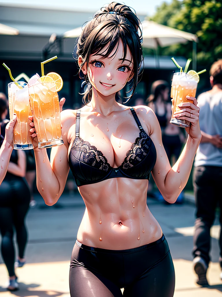 Highest quality,Highest Resolution,(((Many smiling pretty girls holding drinks in their hands))),Gymnastics,High leg bloomers,Outdoor stadium,Black hair ponytail,sweat profusely,illumination,Very beautiful eyes,(((See-through black underwear))),whole body,Flowing sweat,Belly button,Abdominal muscles,sunny,Sunshine,mirage,Big Tits,
