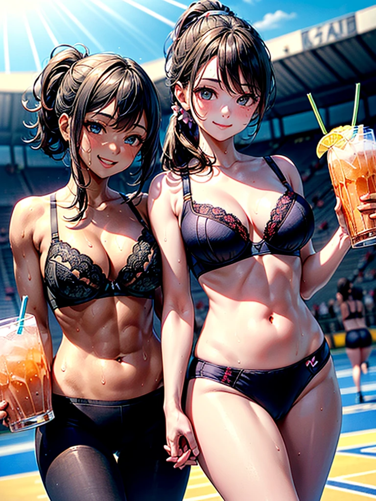 Highest quality,Highest Resolution,(((Many smiling pretty girls holding drinks in their hands))),Gymnastics,High leg bloomers,Outdoor stadium,Black hair ponytail,sweat profusely,illumination,Very beautiful eyes,(((See-through black bra))),whole body,Flowing sweat,Belly button,Abdominal muscles,sunny,Sunshine,mirage,Big Tits,