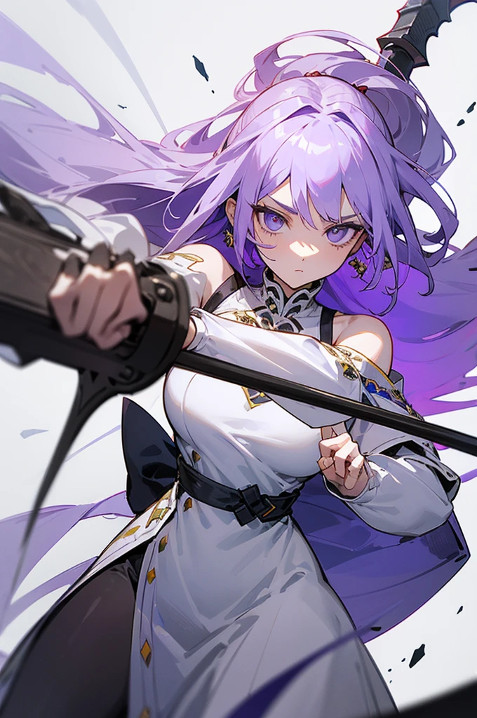 (Beautiful woman,Royal Knights),Light purple hair、Long Hair、Portrait of a noble knight,Speed Line,Combat Stance,Wield a huge weapon,Expressionless,Faint-hearted face、the below described,magma,Big Scythe、Stocky body、Shoulders out、White background、Fullbody、White clothes、Human ear、alone、Facing forward