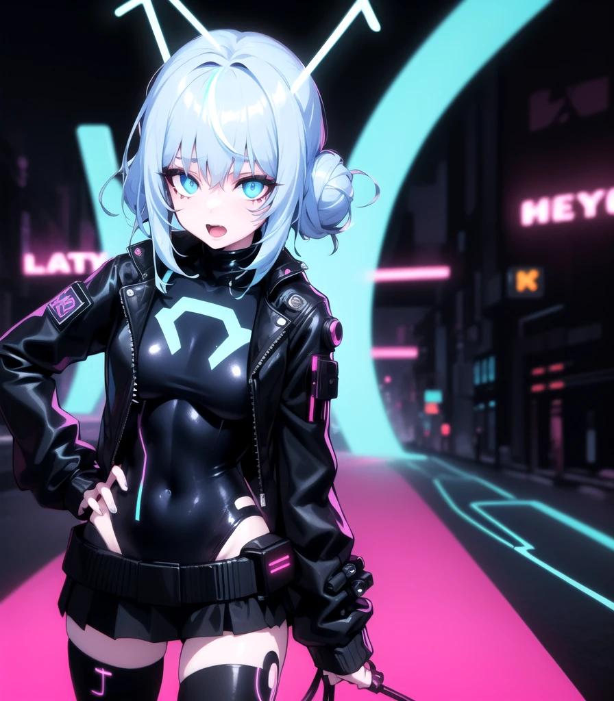 (1girl),
(female focus),

(masterpiece, best quality, highres:1.2),(illustration:1.1),(cyberpunk:1.2),

(hair bun:1.2), light blue hair,blue eyes,(black cyberpunk jacket:1.5),(puffy sleeves:1.2), (black turtleneck:1.2), (black skirt), (white skin),beautiful eyes,
light smile,open mouth,(walking),looking at viewer, hand on hip,

(angle various),(cowboy shot),
(neon light:1.5),(lightline:1.5),(red background:1.0),(high contrast:1.1),8k wallpaper,(blurry background),
