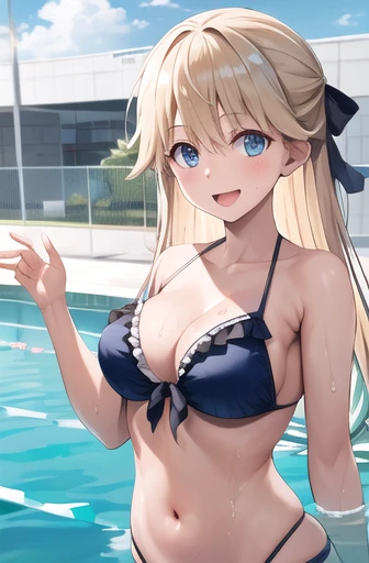 masterpiece, Highest quality, High resolution, One girl, alone, Long Hair, Blonde, Hair Ribbon, bangs, blue eyes, Frilled bikini, Poolside, Wet, 部分的にwater没した, water, smile, Open your mouth,