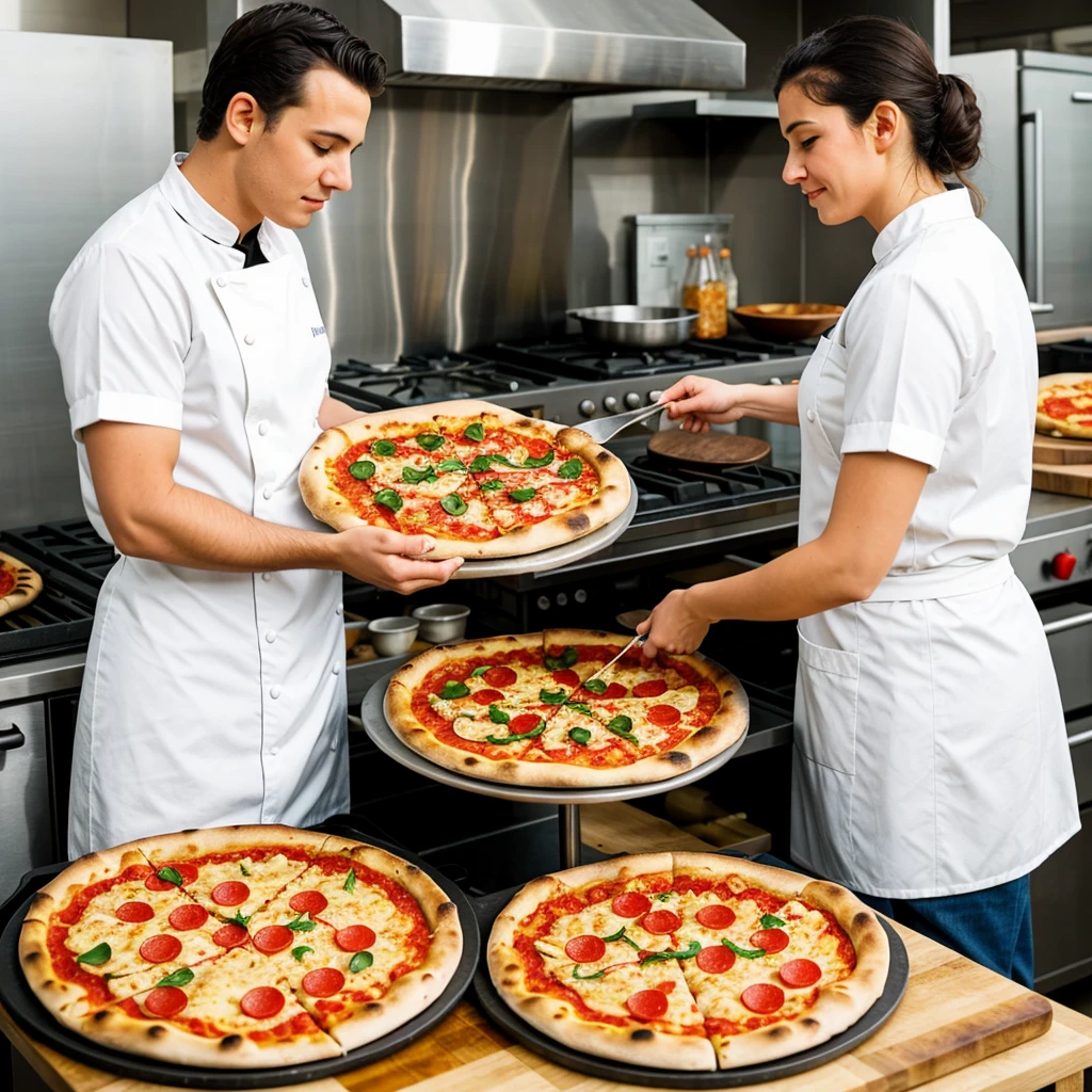 A cook preparing delicious pizza, and on the stand full of ingredients