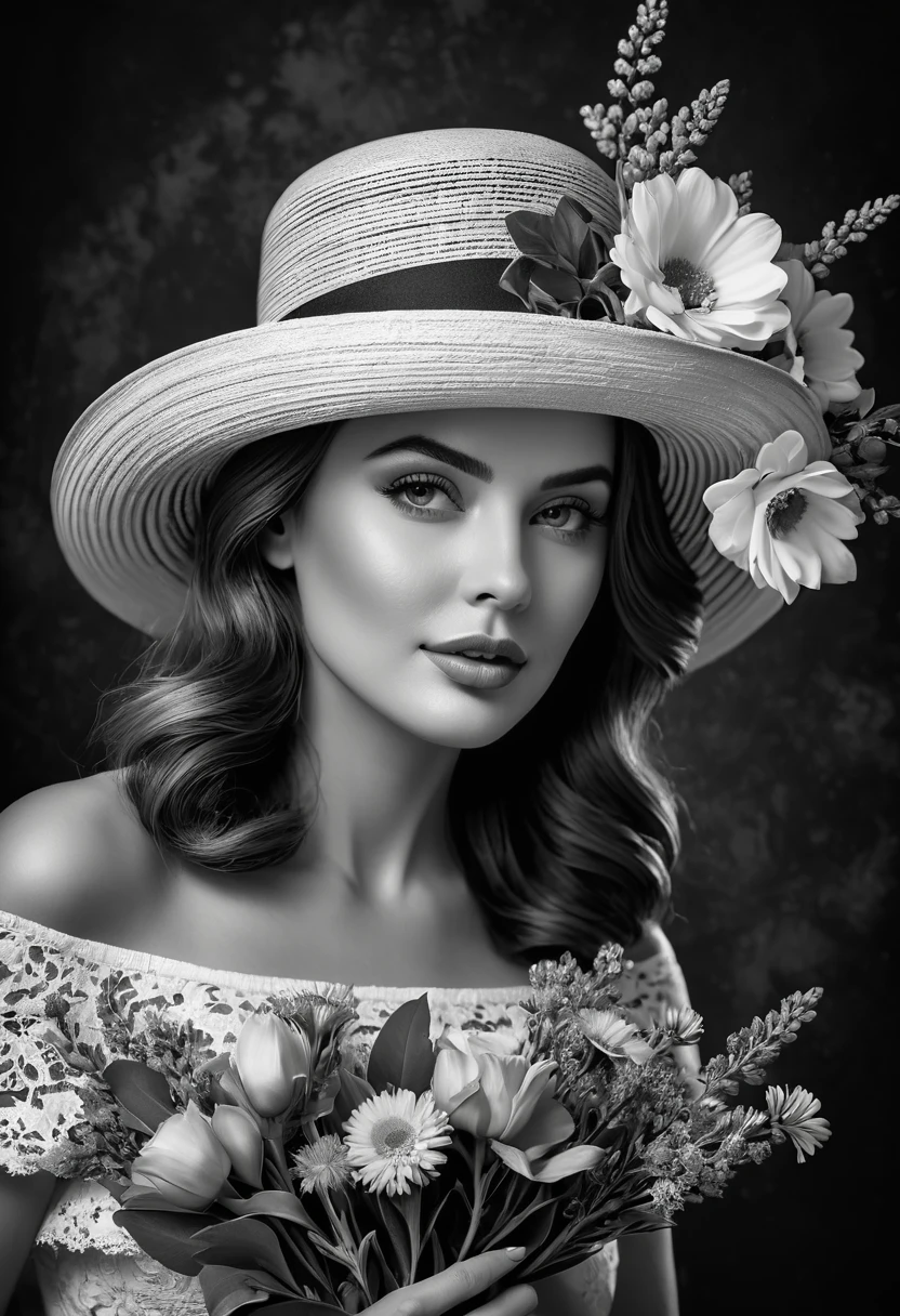 (highest quality,4K,8k,High resolution,masterpiece:1.2),Very detailed,(Realistic,photoRealistic,photo-Realistic:1.37),Black and White,Grainy,High Contrast,Vintage Style,Retro feel,Dark Background,Bright flowers,Beautiful woman with a bouquet and a vintage hat.