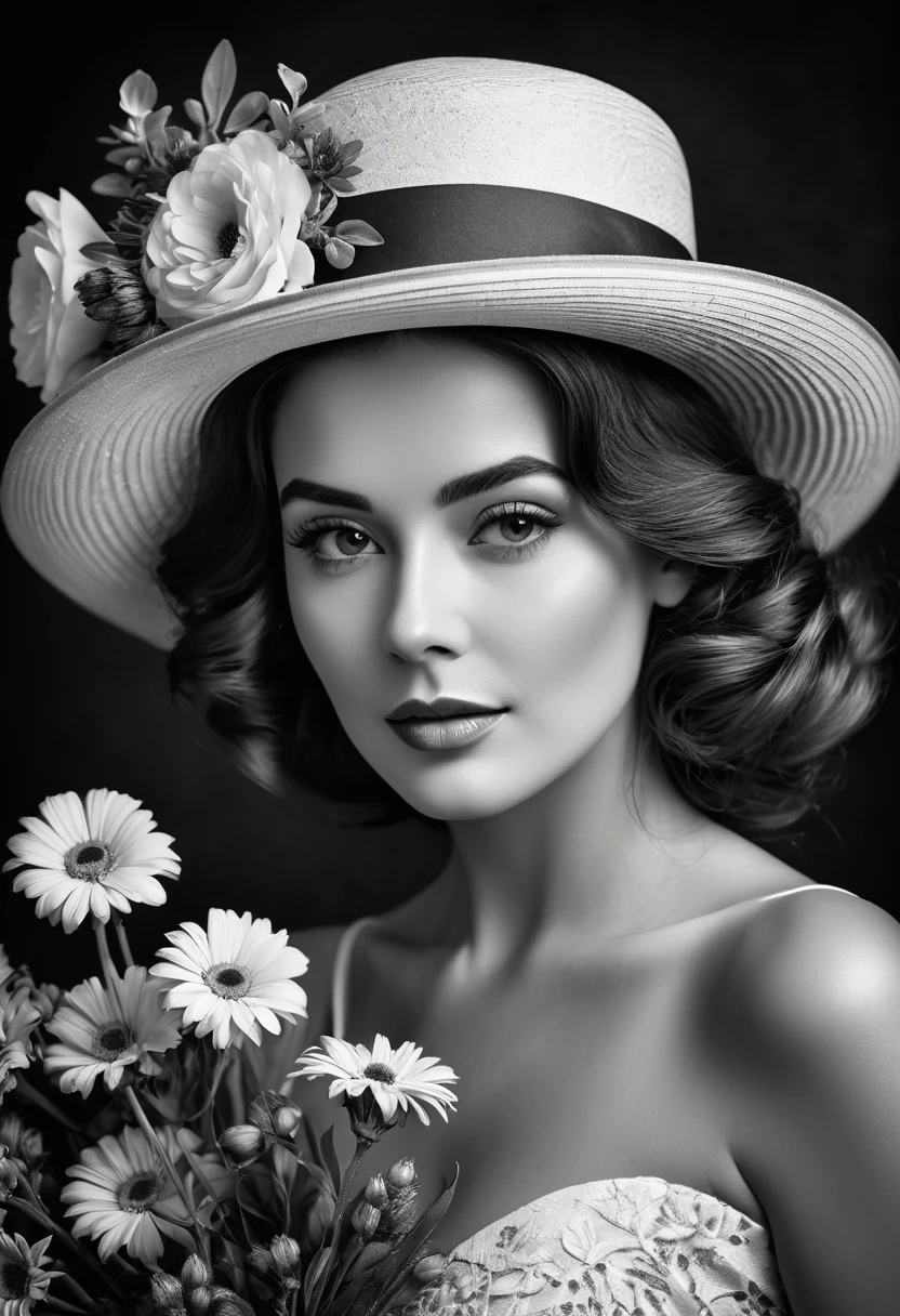 (highest quality,4K,8k,High resolution,masterpiece:1.2),Very detailed,(Realistic,photoRealistic,photo-Realistic:1.37),Black and White,Grainy,High Contrast,Vintage Style,Retro feel,Dark Background,Bright flowers,Beautiful woman with a bouquet and a vintage hat.