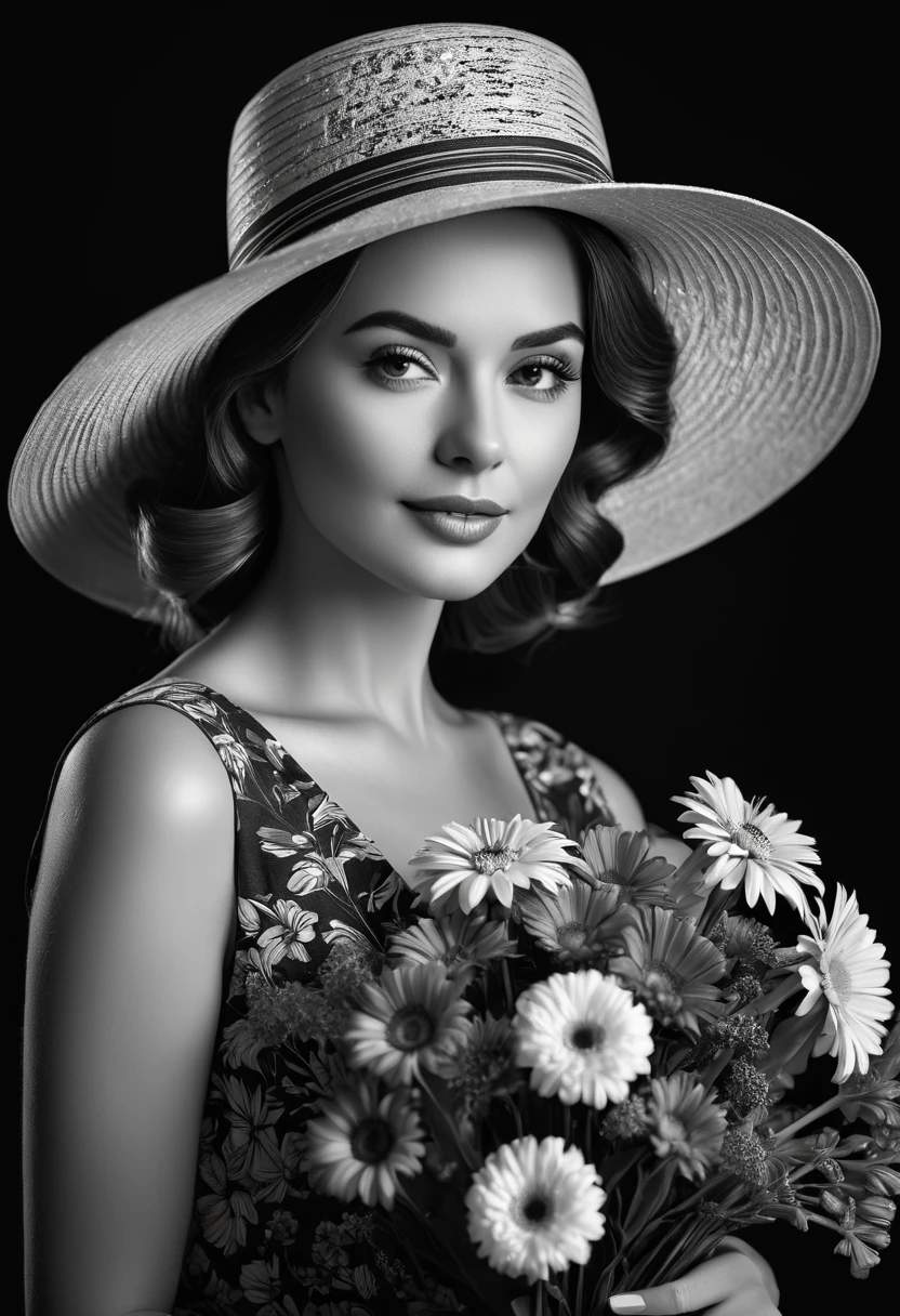 (highest quality,4K,8k,High resolution,masterpiece:1.2),Very detailed,(Realistic,photoRealistic,photo-Realistic:1.37),Black and White,Grainy,High Contrast,Vintage Style,Retro feel,Dark Background,Bright flowers,Beautiful woman with a bouquet and a vintage hat.