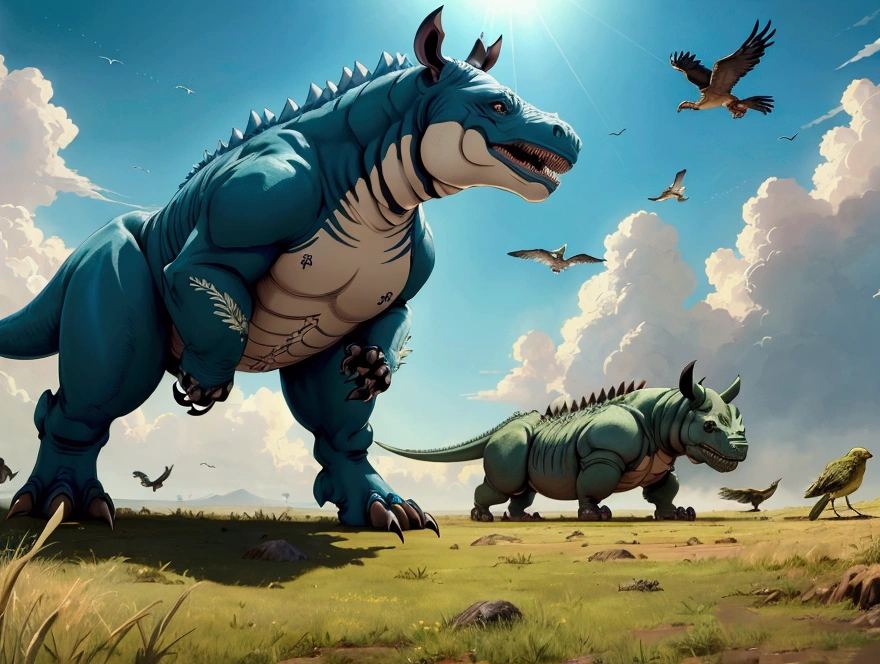 (best quality, masterpiece) anime style, a creature with combination of rhino and t-rex, the legs are look like t-rex, grass floor, birds in sky, blue sky, landscape