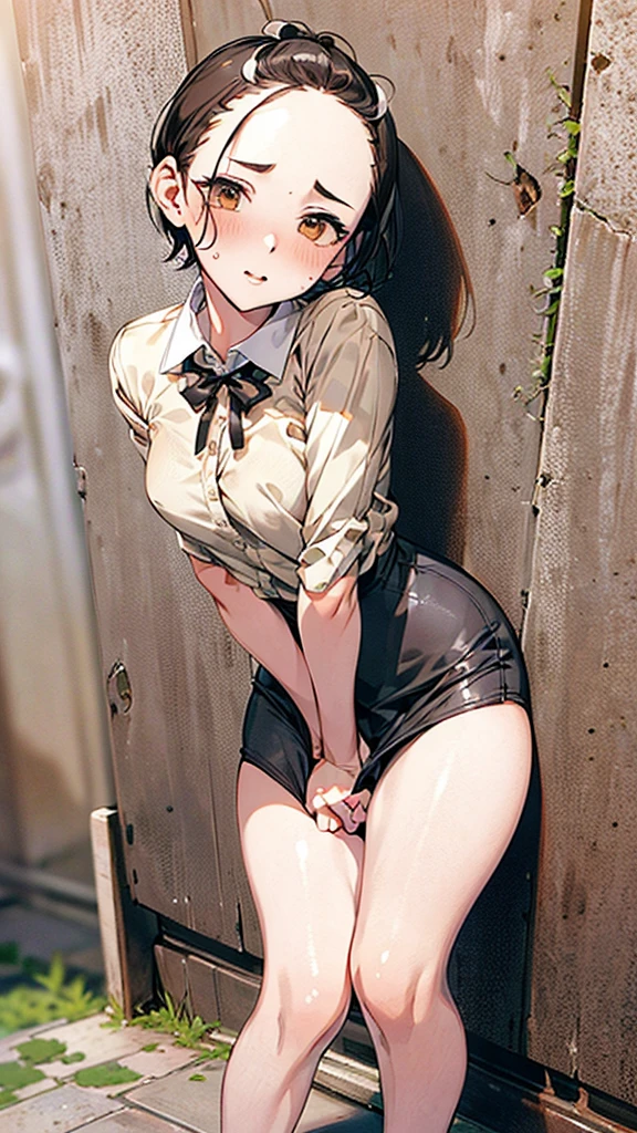 masterpiece,quality,High resolution,高quality,Realistic,short hair,Pencil Skirt,whole body,Forehead,Kissing Face,Big eyes,Embarrassed face,White collared shirt,Leaning against a wall,Fair skin,Thighs,High heels:1.3,pantydrop