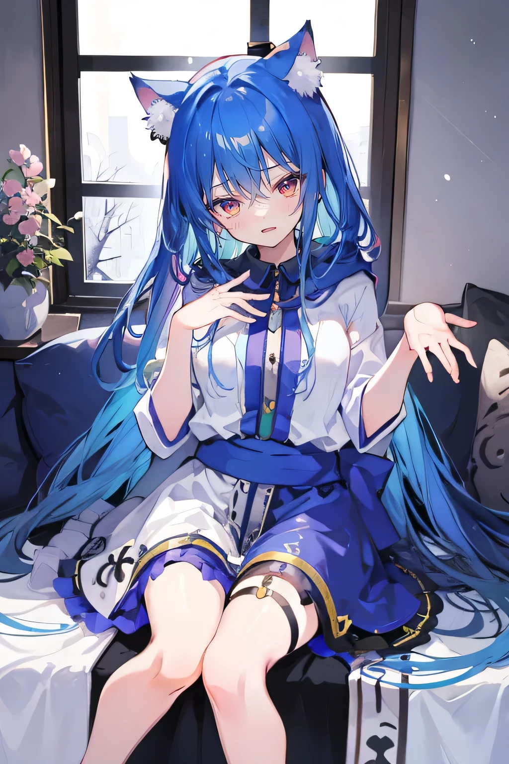 (masterpiece:1.2),Super detailed,lifelike,Expressive eyes,fair skin,perfect face shape,1 girl,
Japanese comics,Gorgeous blue hair,flowing blue hair,flowing clothes,Cat ears,Petals fall,beautiful lola,Baby Angel,
Shaking head with one hand,Cross your legs,Gentle and peaceful background,The pavilion is cool and comfortable,smile, wearing hoodie, In front of the window,snowing,Clear sky,Witch costume,Sitting sideways。