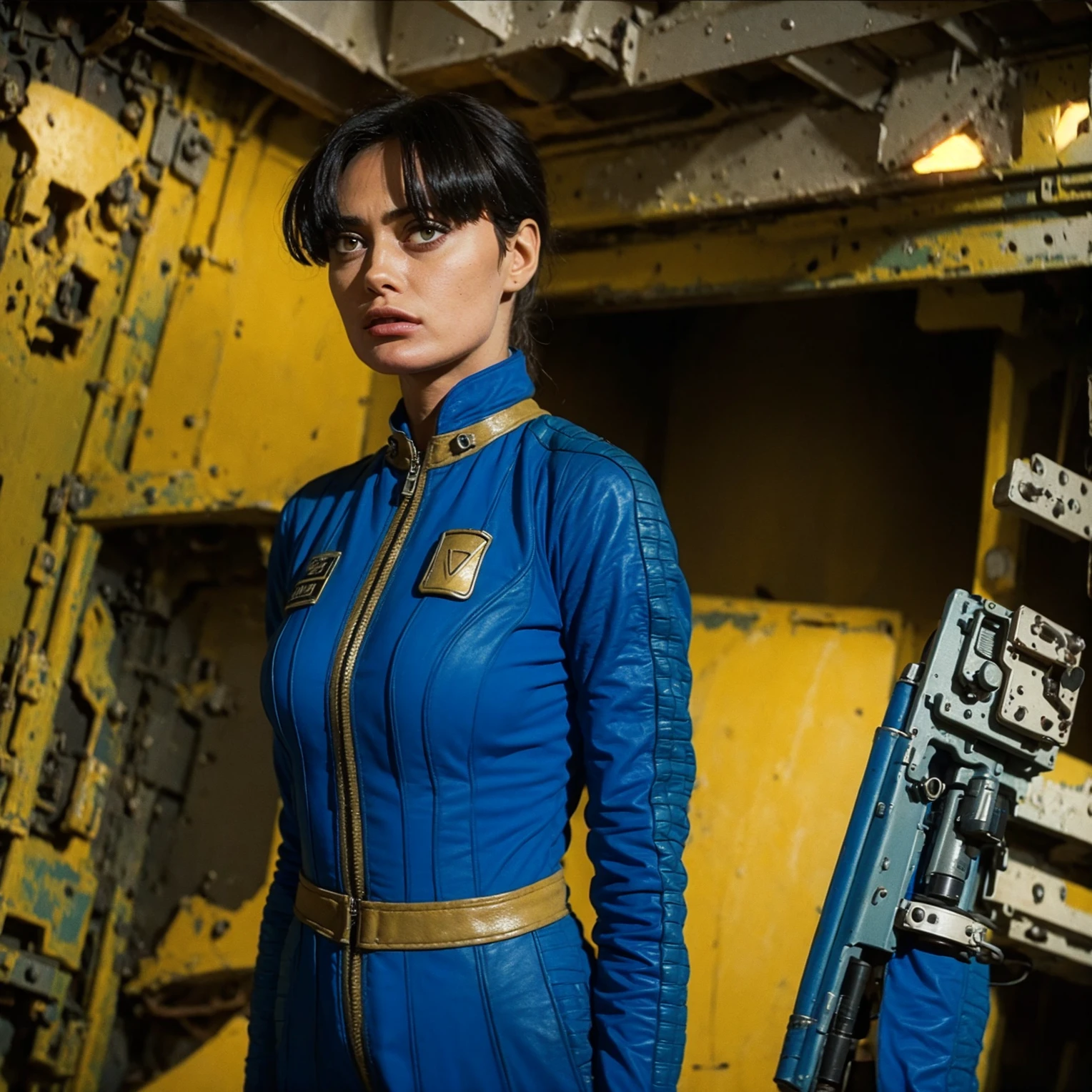 (One person). Fallout TV series. Inside a dimly lit large room in a post-apocalyptic casino in Las Vegas. Vaultsuit Lucy, an 18-year-old vault dweller wearing a blue and gold vaultsuit, her black hair disheveled, clutching a large gun in a dimly lit, post-apocalyptic casino. Cinematic. realistic colors, realistic, photorealistic