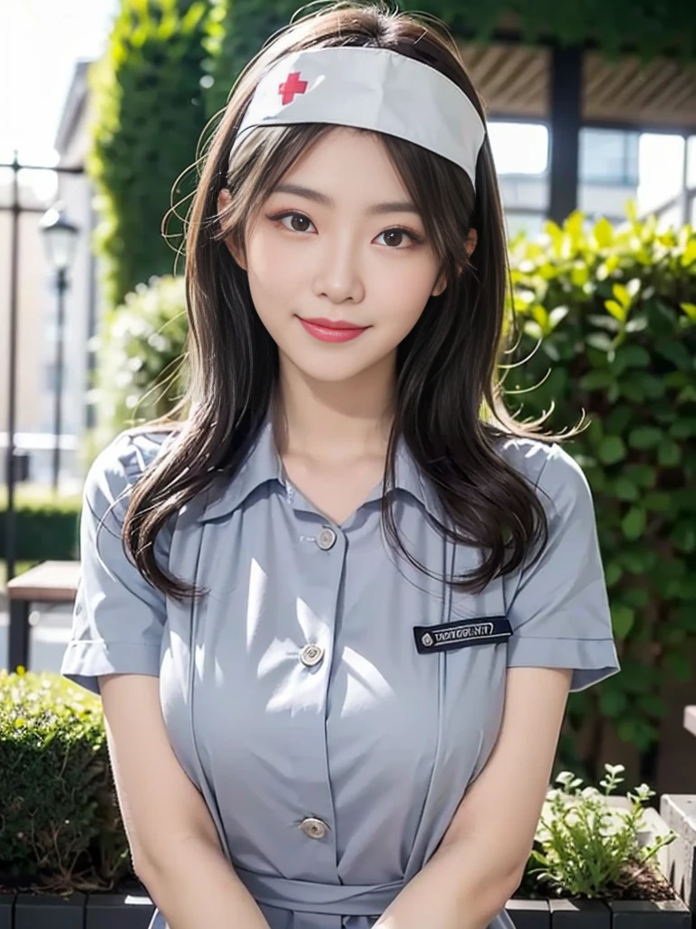 ((Mature woman standng in a garden)),(( nurse uniform:1.2)). 40k, Photography, masutepiece, Best Quality, dark grey background, ((Mature Women, waifu, mami, A MILF)), ((voluptuous breasts)), Perfect face, perfect , ((Two_girl with brown eyes and gorgeous bright black hair)). a Pretty Japanese woman,wet hair look, completely soft chest and white skin,, ((Very soft breasts)). Ultra-detailed face, Detailed eyes, looking into camera, embarrassed, Smile, closed lips, closed mouth, closed lips, no teeth, nightime, smooth light on face, vivid