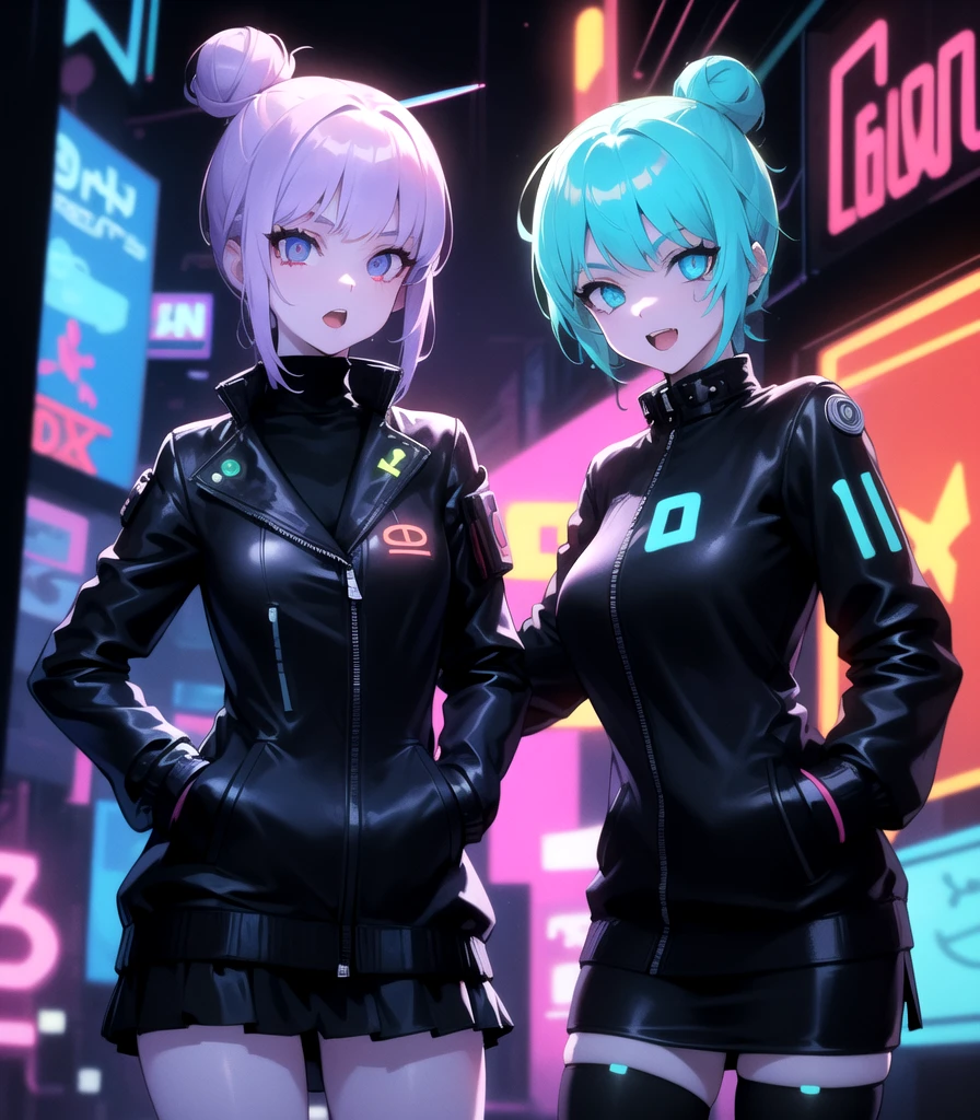 (1girl),
(female focus),
(masterpiece, best quality, highres:1.2),(illustration:1.1),(cyberpunk:1.2),
(hair bun:1.2), light blue hair,blue eyes,(black cyberpunk jacket:1.5),(puffy sleeves:1.2), (black turtleneck:1.2), (black skirt), (white skin),beautiful eyes,
happy,open mouth,(walking),looking at viewer, hand on hip,
(angle various),(cowboy shot),
(neon light:1.5),(lightline:1.5),(red background:1.0),(high contrast:1.1),8k wallpaper,(blurry background),