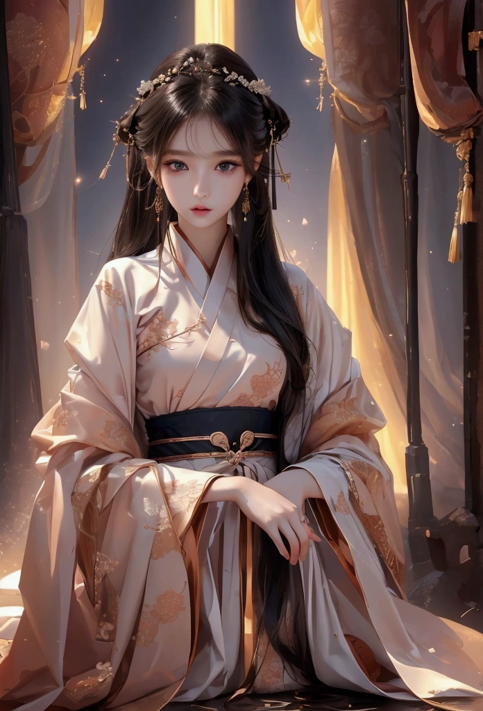 Best image quality、8k、masterpiece:1.3))、Realistic high-quality photos、Highest quality、 Beautiful face、Photos of slim models、Beautiful girl model、Young and pretty face、Beautiful model girl、A lovely and delicate face、Black Hair、Beautiful brown eyes、Young Body、Hanfu, (emphasize)、from the front、Camera gaze,、Anatomically correct、胸の谷間をemphasize、whole body、13-year-old female model