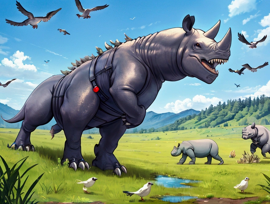a creature with combination of rhino and t-rex, the legs are look like t-rex, grass floor, birds in sky, blue sky, landscape