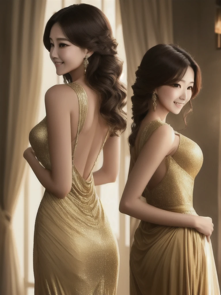 She wears a simple yet elegant gown that hugs her slim figure, the golden fabric shimmering in the soft light. Her beautiful face has a nervous smile as (she looks up at you), her golden brown hair tmbles in long waves down her back.