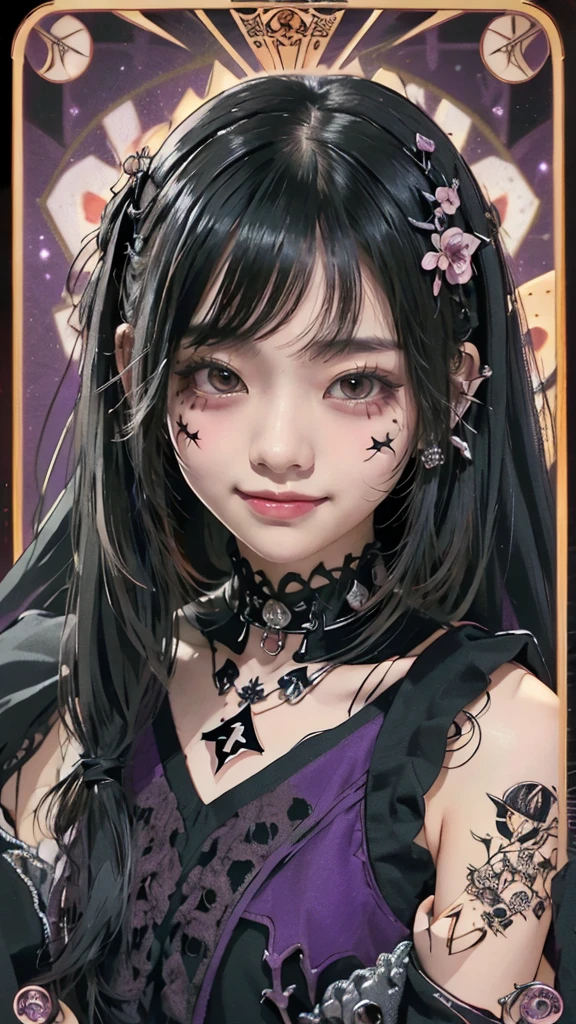 Realistic、A delicate and detailed masterpiece、Highest quality、Highest quality、(Tarot card style:1.3)、Purple Rose Background、One Woman、Upper body photo、(Gothic punk outfit:1.3)、(Black Hair、Hime cut, Long Hair:1.2)、Natural Makeup、Eyelash extensions、Draw eyelashes sharply、Thin eyebrows、Deep orange blush、Grin, Showing teeth、Slightly red cheeks、 female