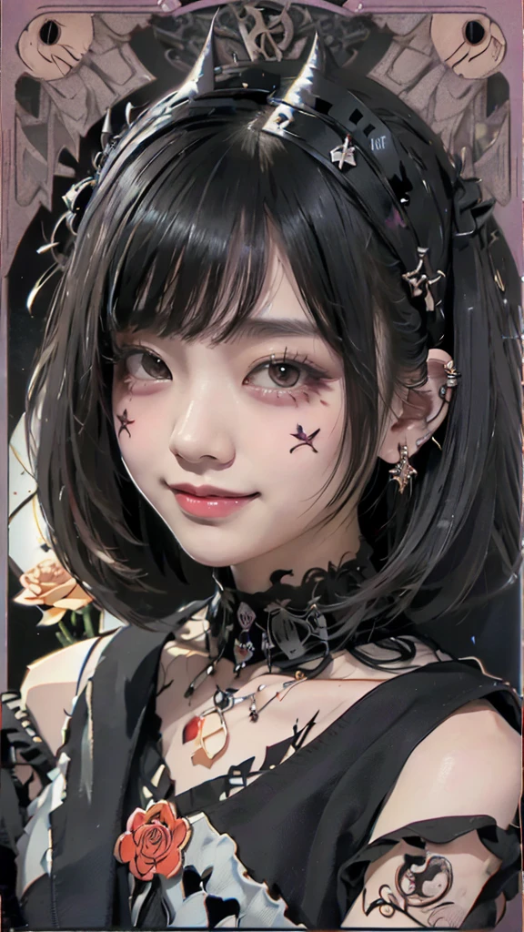 Realistic、A delicate and detailed masterpiece、Highest quality、Highest quality、(Tarot card style:1.3)、Purple Rose Background、One Woman、Upper body photo、(Gothic punk outfit:1.3)、(Black Hair、Hime cut, Long Hair:1.2)、Natural Makeup、Eyelash extensions、Draw eyelashes sharply、Thin eyebrows、Deep orange blush、Grin, Showing teeth、Slightly red cheeks、16 year old female